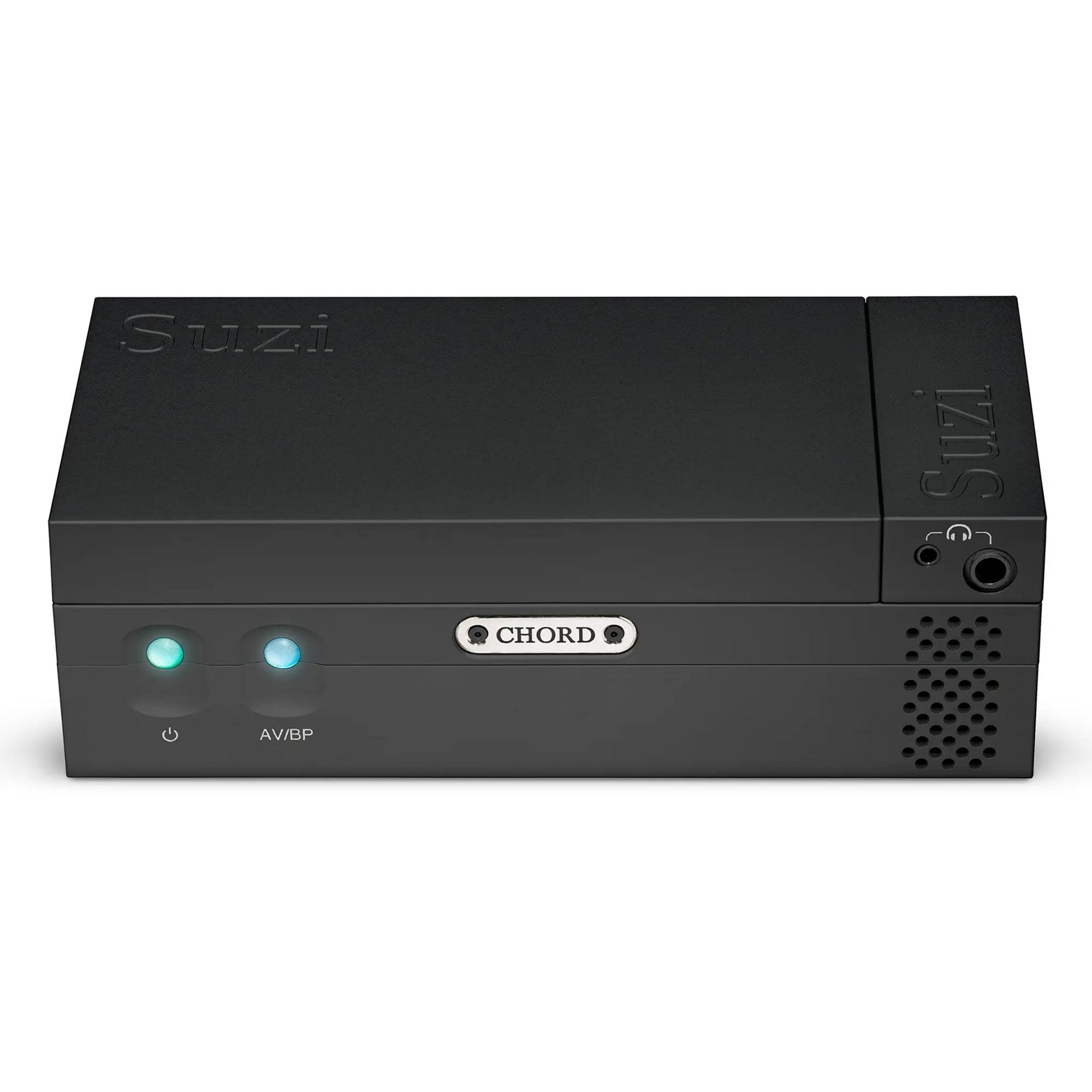 Chord Suzi Modular Stereo Power Amplifier in black with illuminated power buttons and metal logo plate on white background