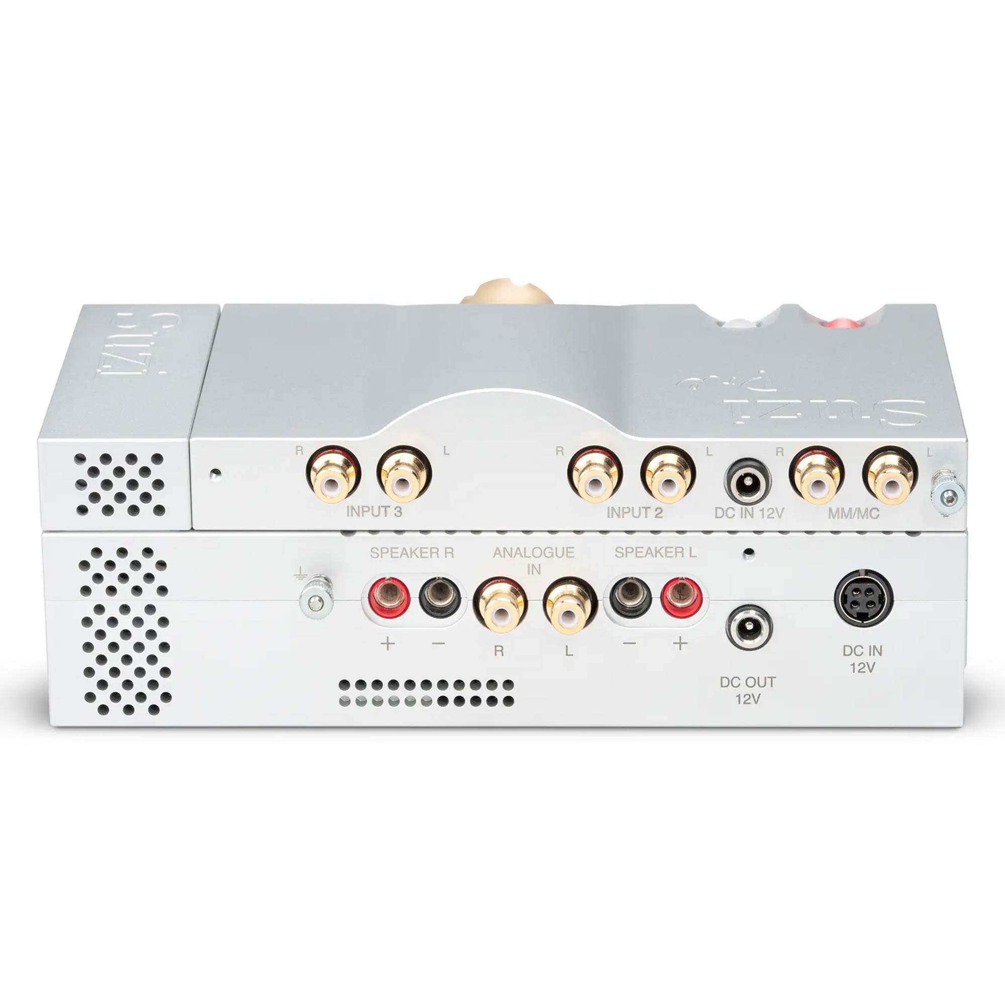 Rear view of the Chord Suzi Modular Stereo Power Amplifier showing multiple audio and power input connectors on white background