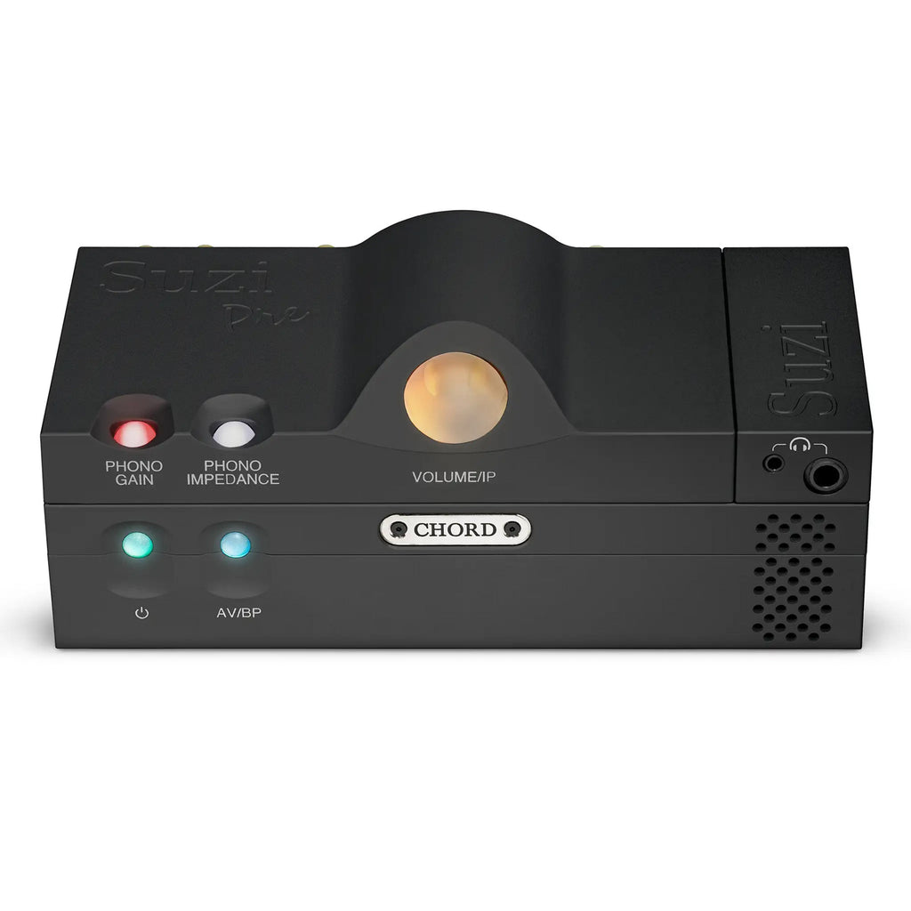 Chord Suzi Modular Stereo Power Amplifier in black with illuminated volume knob and front panel controls on white background