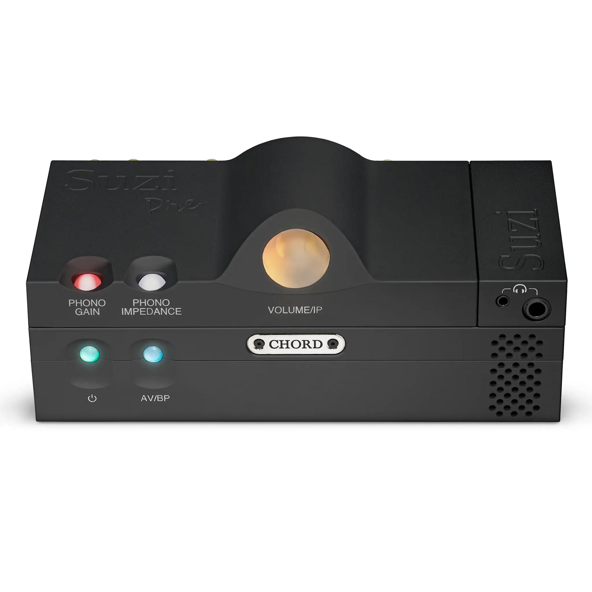 Chord Suzi Modular Stereo Power Amplifier in black with illuminated volume knob and front panel controls on white background