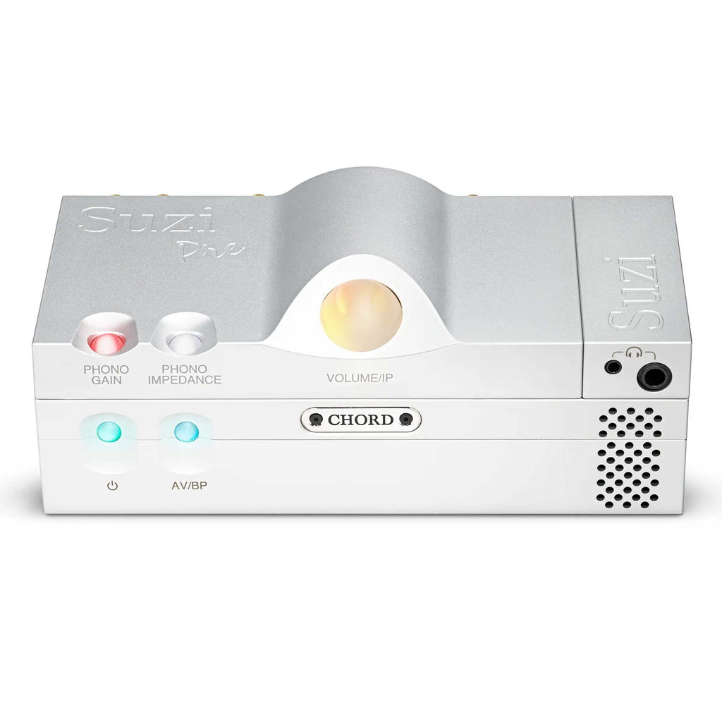 Front view of the silver Chord Suzi Modular Stereo Power Amplifier with control buttons and volume knob illuminated