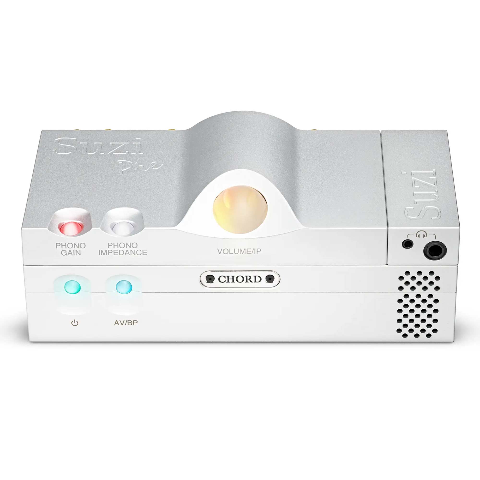 Front view of the silver Chord Suzi Modular Stereo Power Amplifier with control buttons and volume knob illuminated