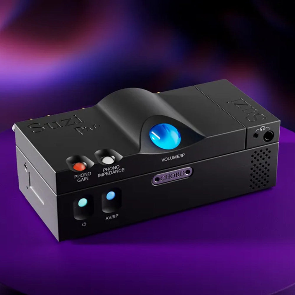 Chord Suzi Pre | Phono Preamplifier and Headphone Amp with control switches and blue volume knob on purple background