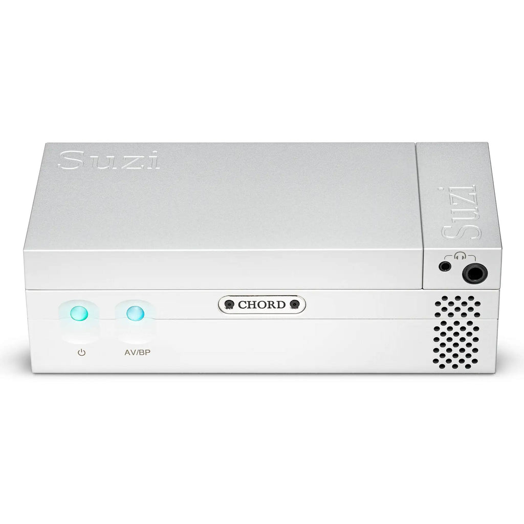 Chord Suzi Modular Stereo Power Amplifier in white with illuminated buttons, input jacks, and ventilation on white background