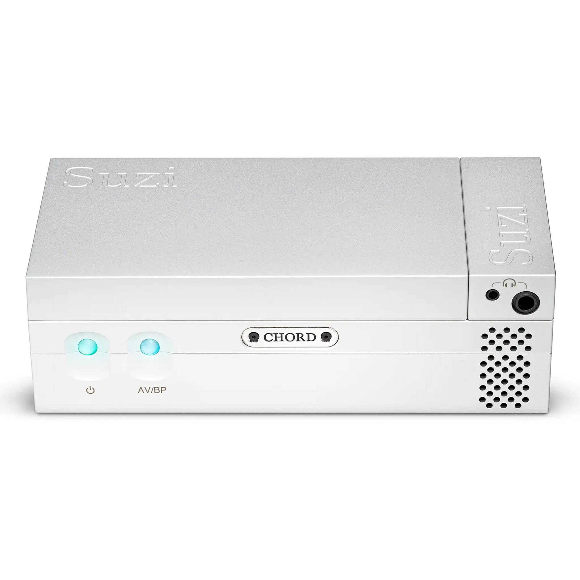 Chord Suzi Modular Stereo Power Amplifier in white with illuminated buttons, input jacks, and ventilation on white background