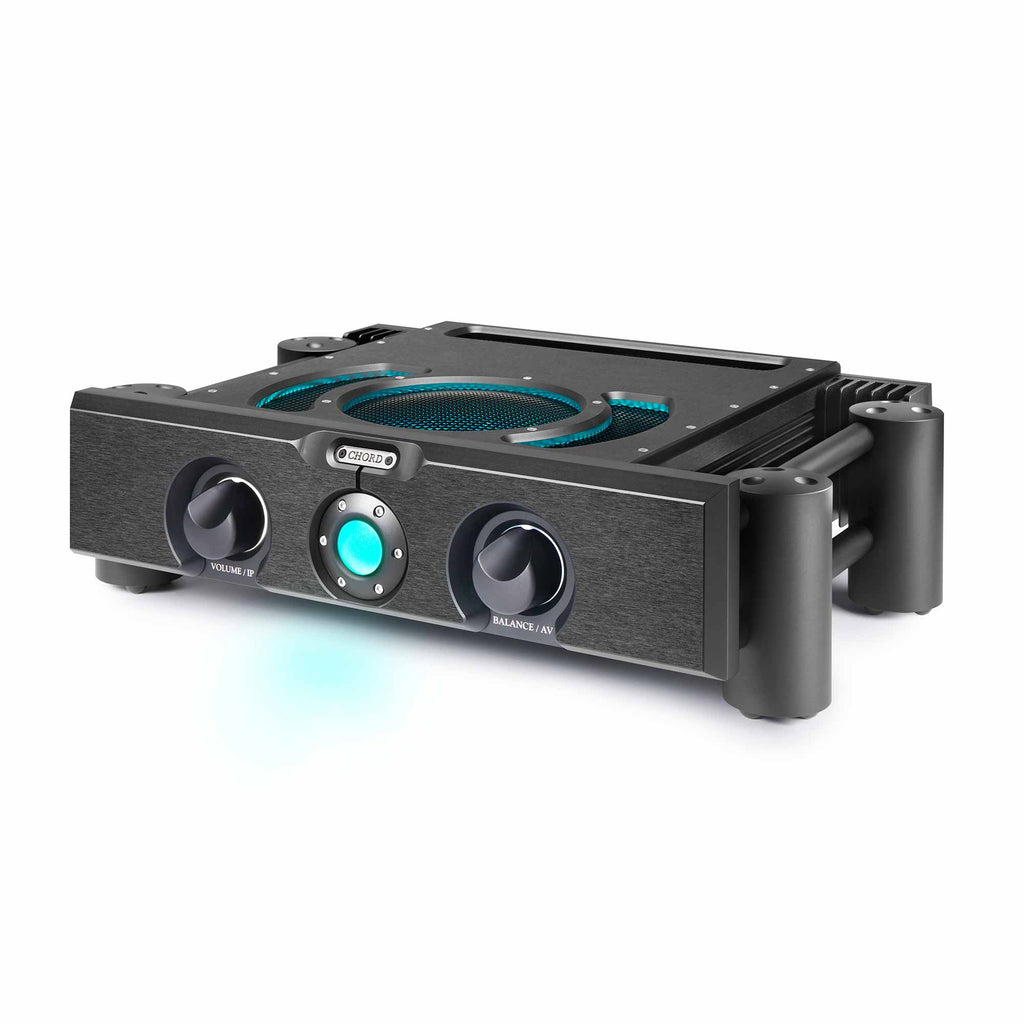 Chord ULTIMA PRE 3 preamplifier with volume and balance knobs, black finish, and illuminated center button on white background