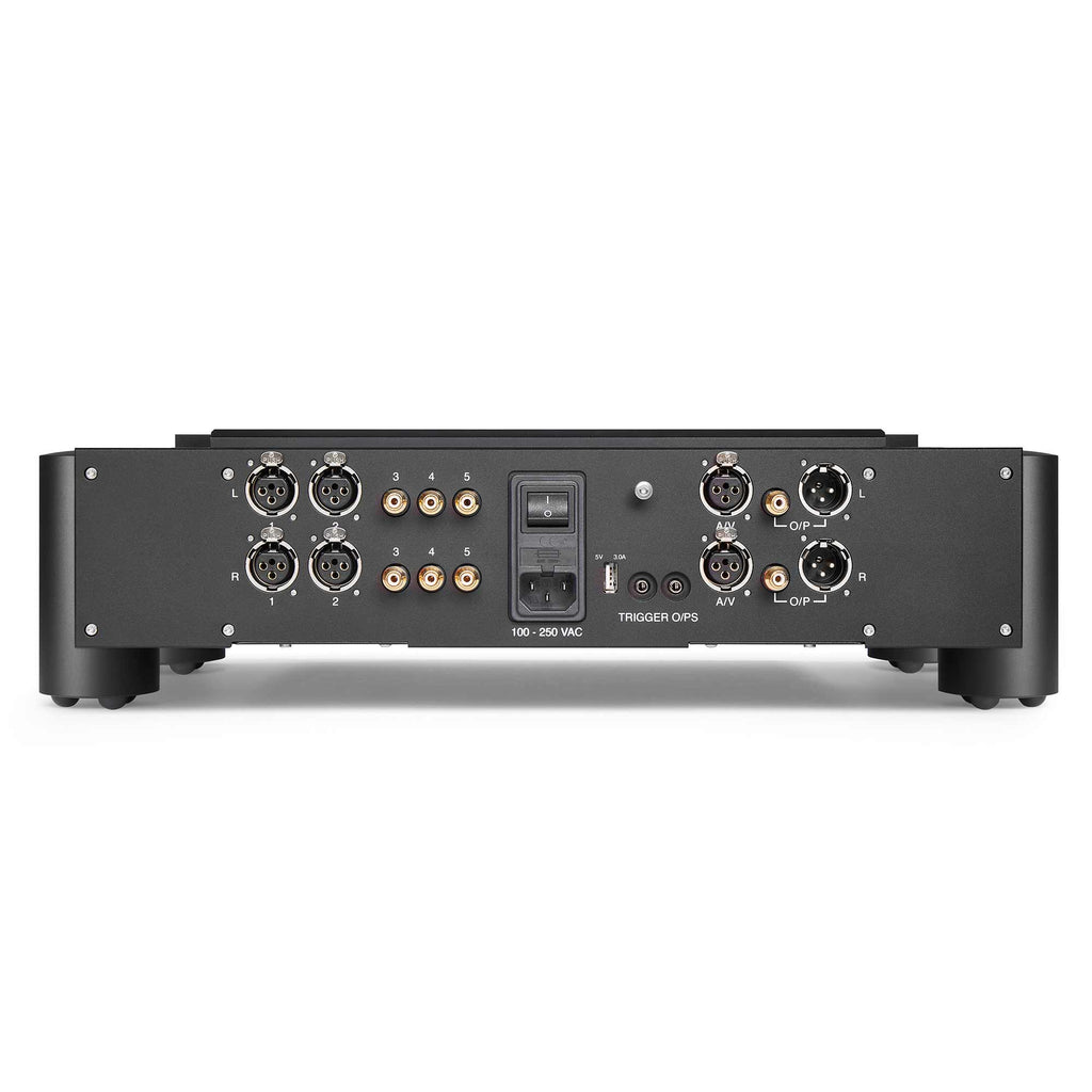 Rear view of Chord ULTIMA PRE 3 preamplifier showing multiple balanced and unbalanced audio inputs and power connectors