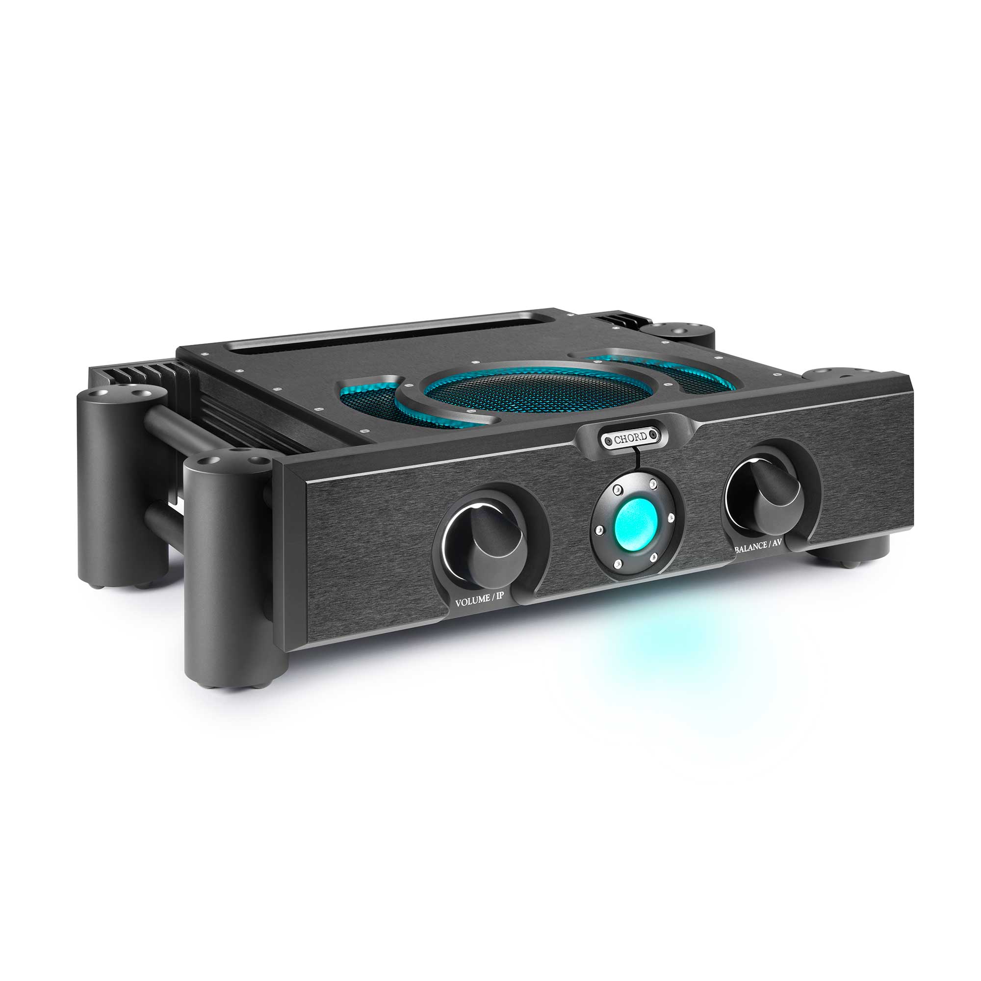 Chord ULTIMA PRE 3 preamplifier with illuminated control knob and sleek black metal chassis on white background