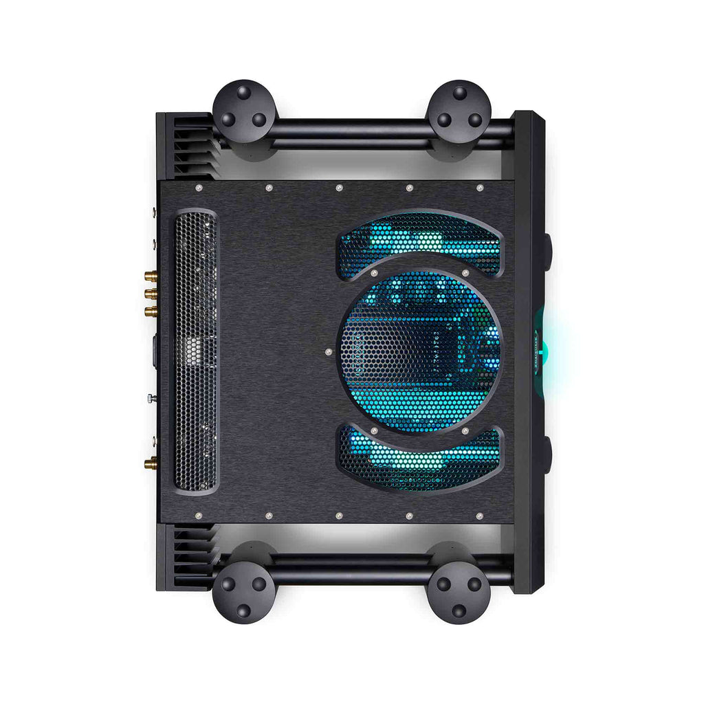Top view of Chord ULTIMA PRE 3 preamplifier showing black chassis with blue internal lighting and ventilation grilles