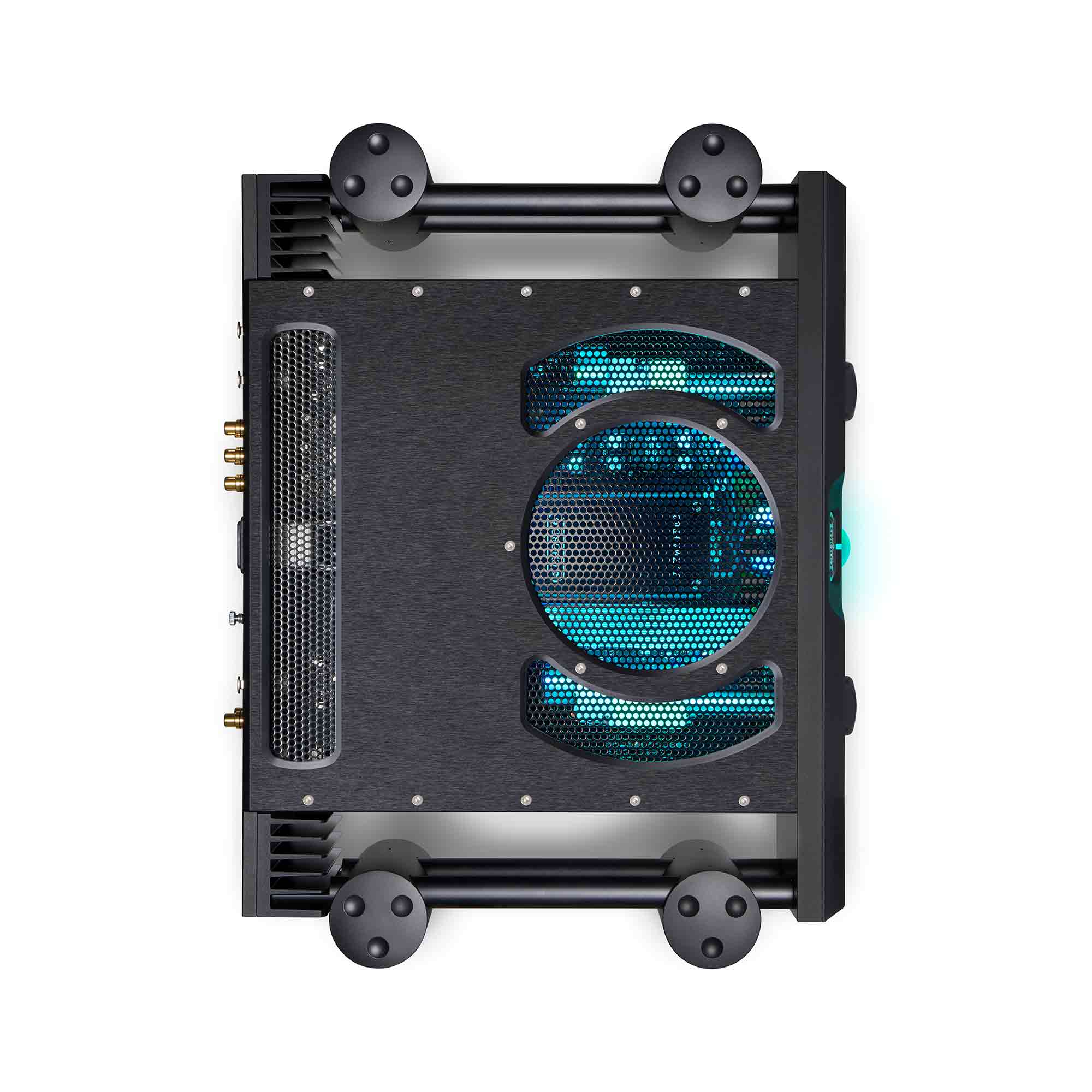 Top view of Chord ULTIMA PRE 3 preamplifier showing black chassis with blue internal lighting and ventilation grilles