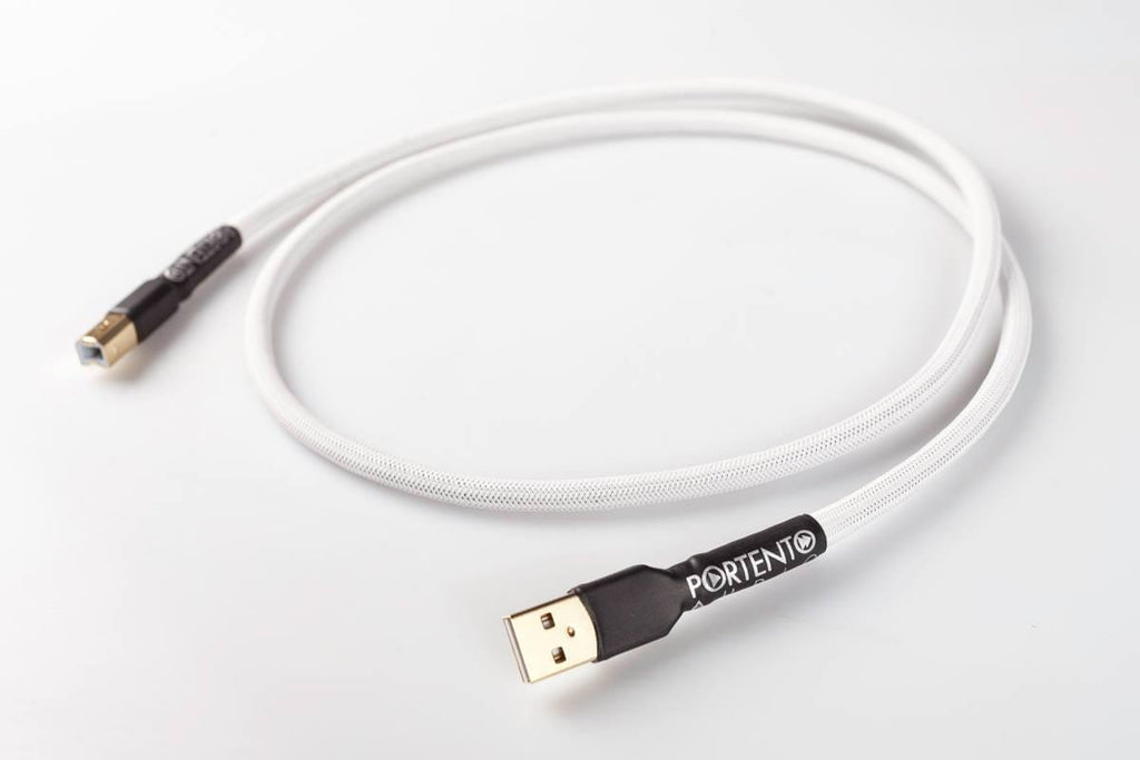 Portento Audio USB Copper One Upgrade Digital Cable with gold plated connectors and white braided exterior on white background