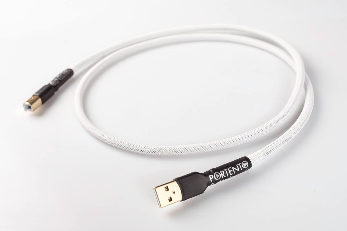 Portento Audio USB Copper One Upgrade Digital Cable with gold plated connectors and white braided exterior on white background