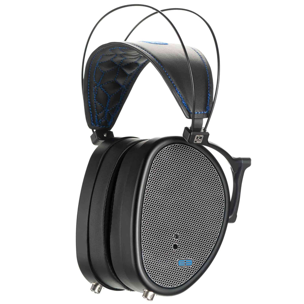 Dan Clark Audio E3 Closed Planar Headphones with black ear cups, mesh grille, and padded stitched headband on white background
