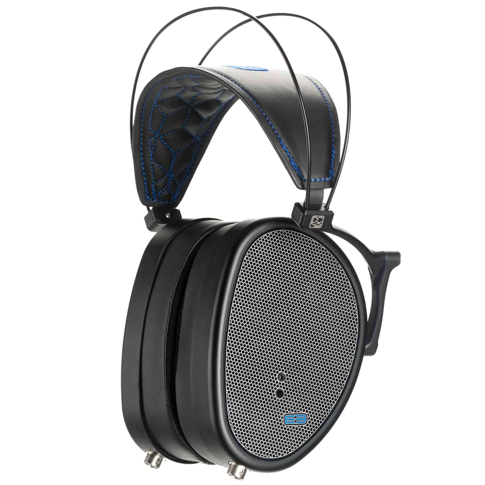 Dan Clark Audio E3 Closed Planar Headphones with black ear cups, mesh grille, and padded stitched headband on white background