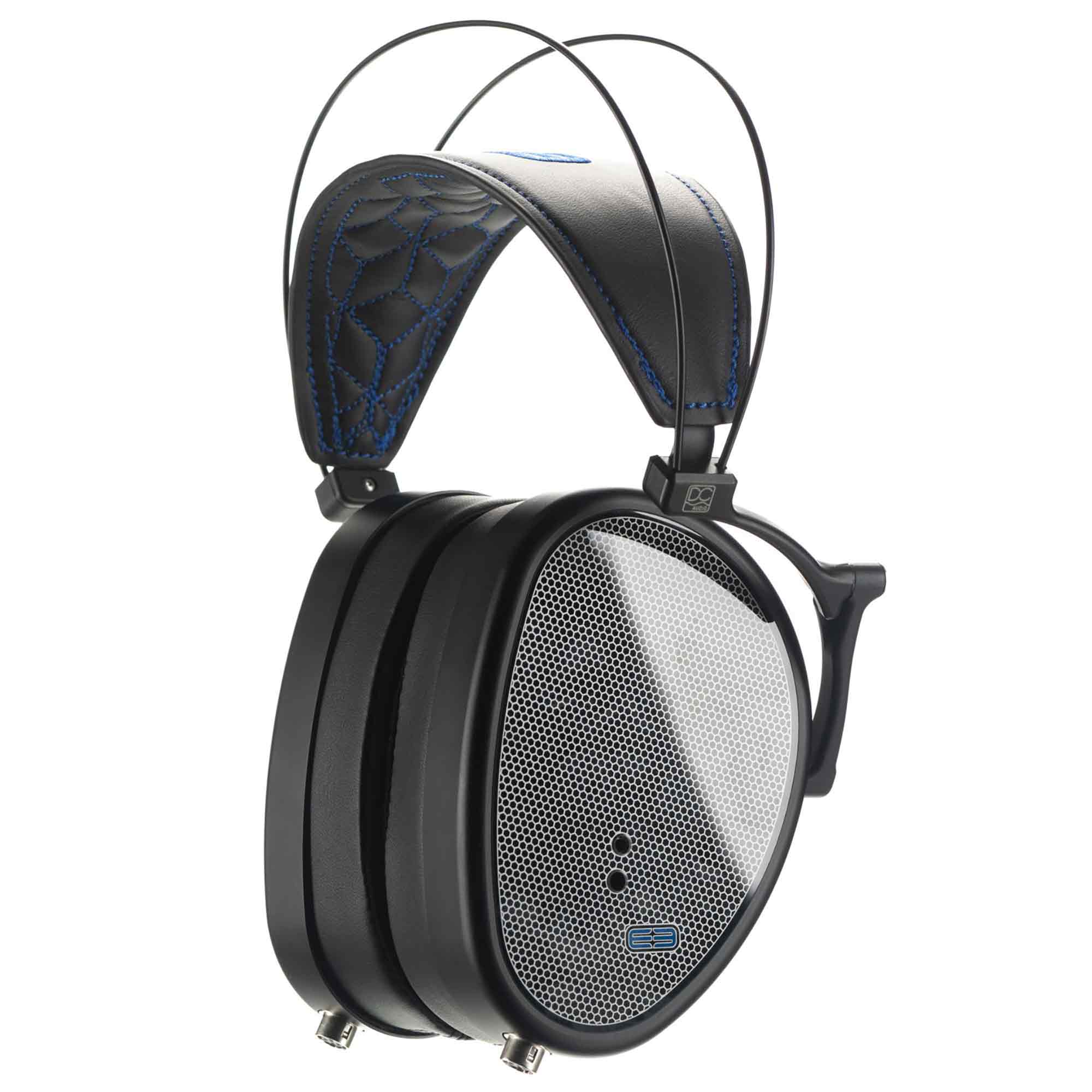 Dan Clark Audio E3 Closed Planar Headphones with black leather headband and mesh ear cups on white background