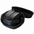 Dan Clark Audio E3 Closed Planar Headphones folded inside a black carrying case with blue stitching and logo visible