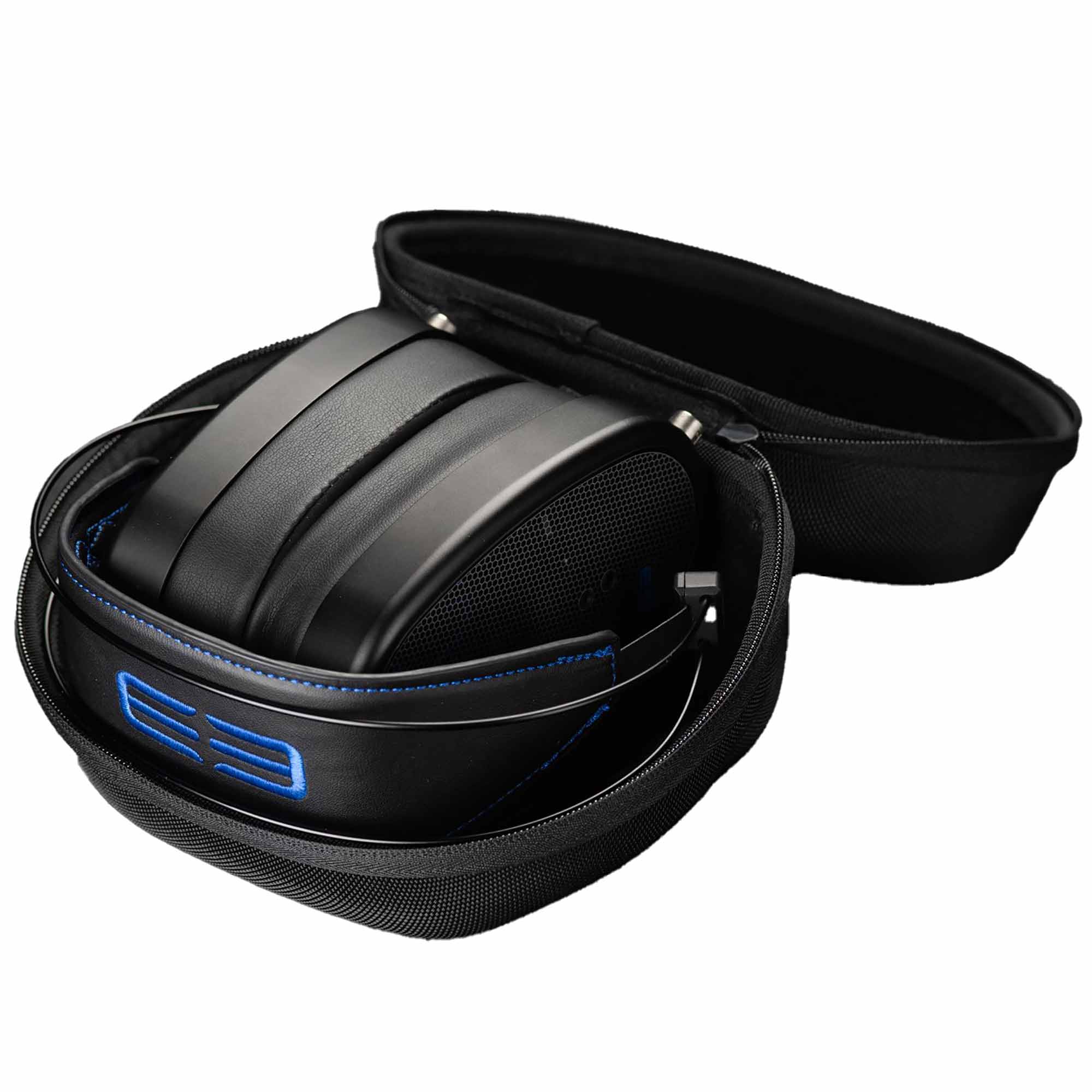Dan Clark Audio E3 Closed Planar Headphones folded inside a black carrying case with blue stitching and logo visible