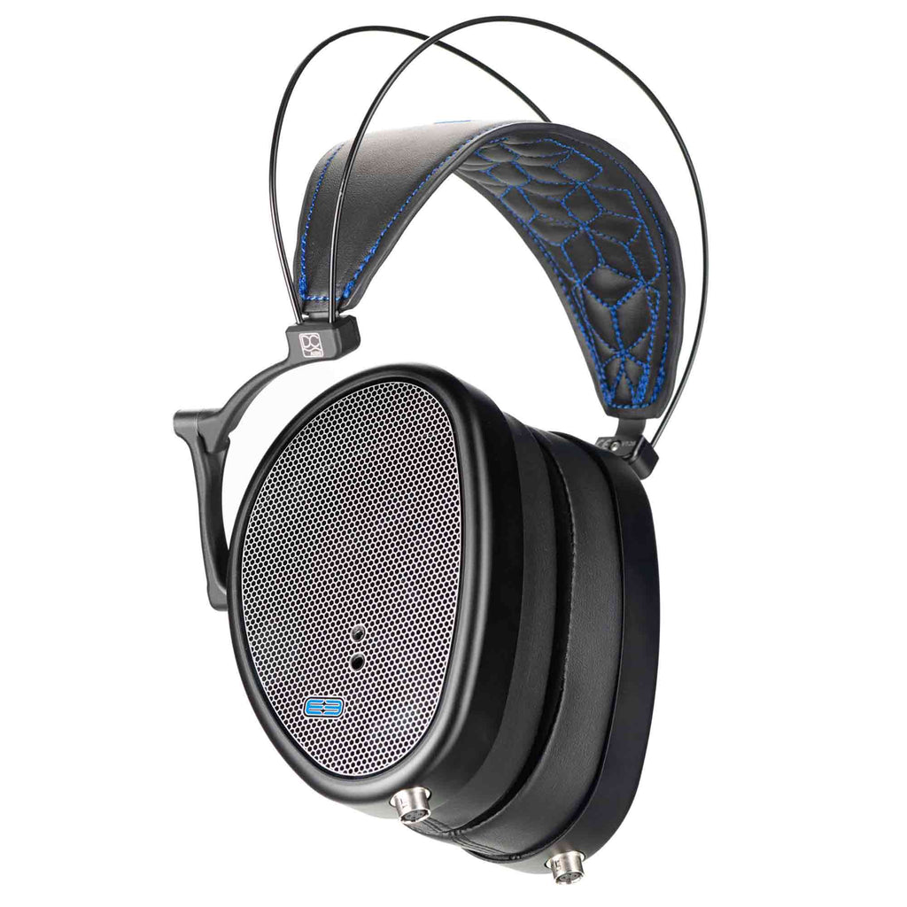 Dan Clark Audio E3 Closed Planar Headphones with black ear cups and blue-stitched padded headband on white background