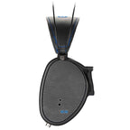 Close-up of Dan Clark Audio E3 Closed Planar Headphones ear cup with black and silver grille and detailed headband stitching