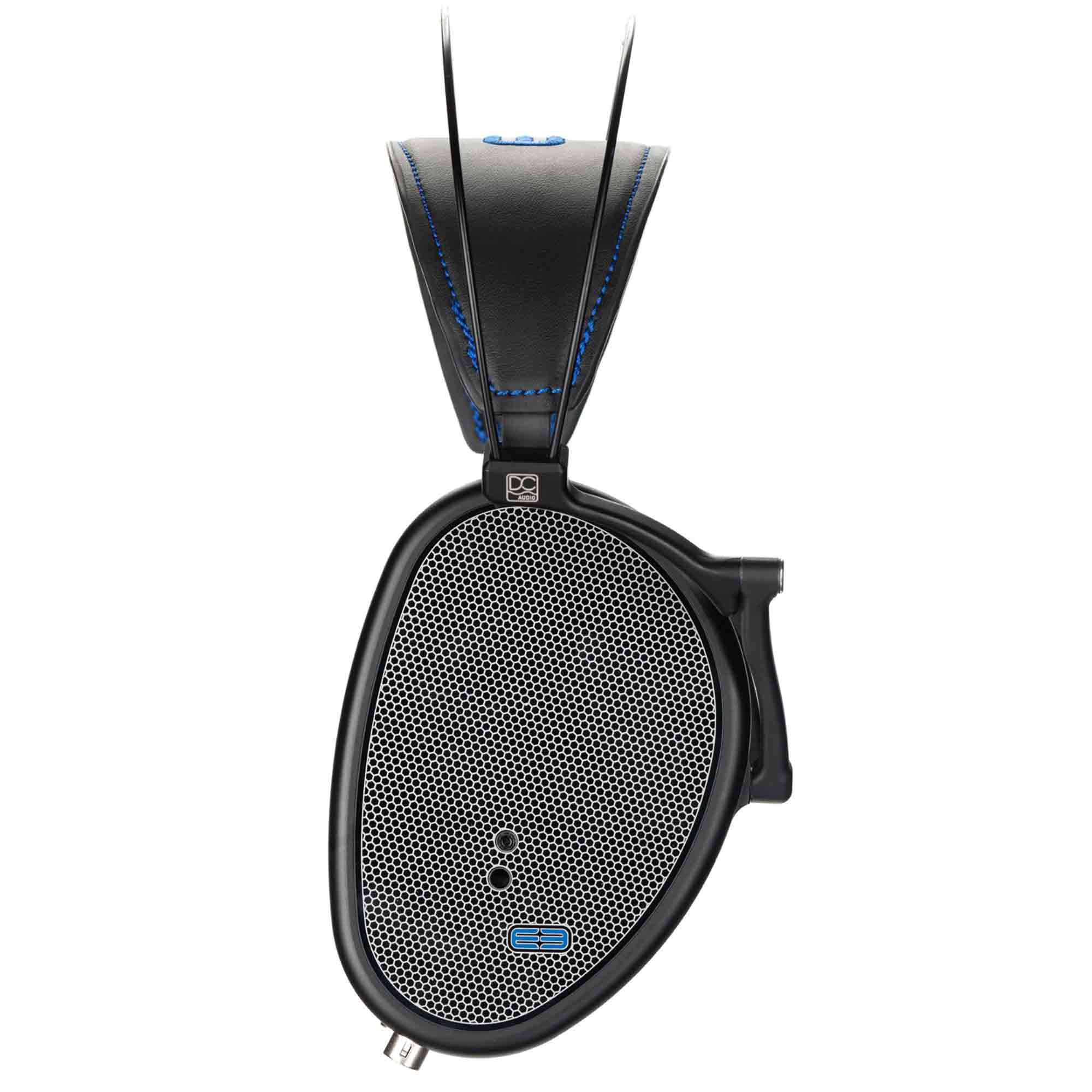 Close-up of Dan Clark Audio E3 Closed Planar Headphones ear cup with black and silver grille and detailed headband stitching