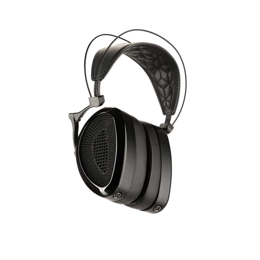 Dan Clark Audio Noire XO Open-Back Planar Headphones angled view showing black ear cups and padded headband on white background