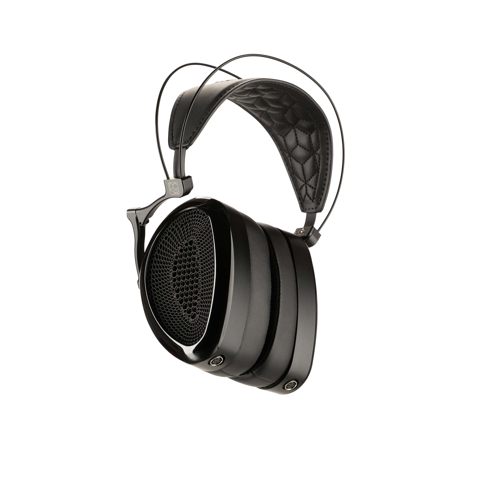 Dan Clark Audio Noire XO Open-Back Planar Headphones angled view showing black ear cups and padded headband on white background