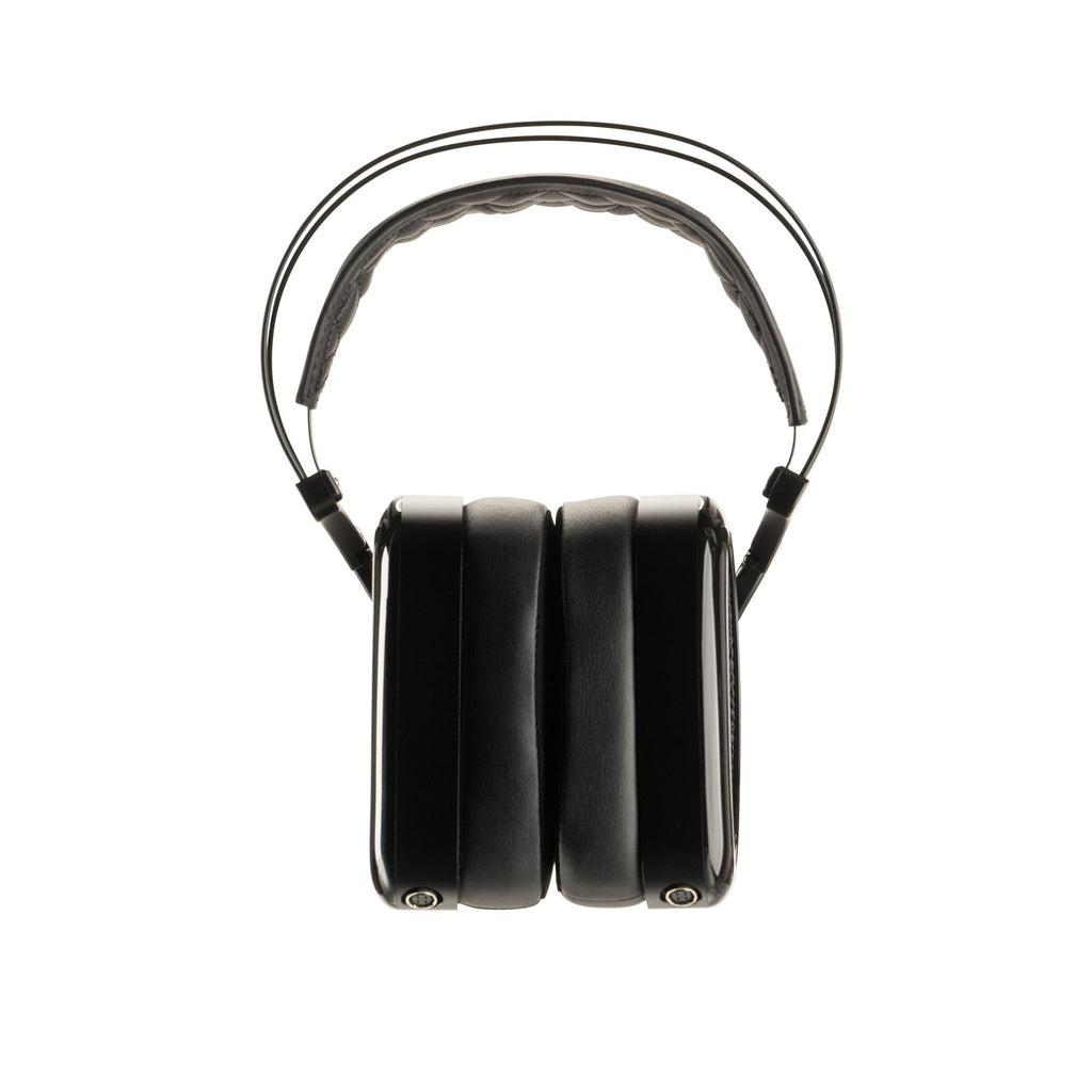 Front view of Dan Clark Audio Noire XO Open-Back Planar Headphones showing black ear cups and headband on white background