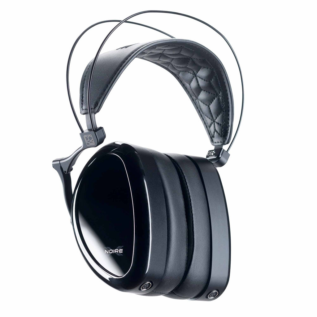 Dan Clark Audio Noire X Closed-Back Planar Headphones with glossy black ear cups and padded headband on white background