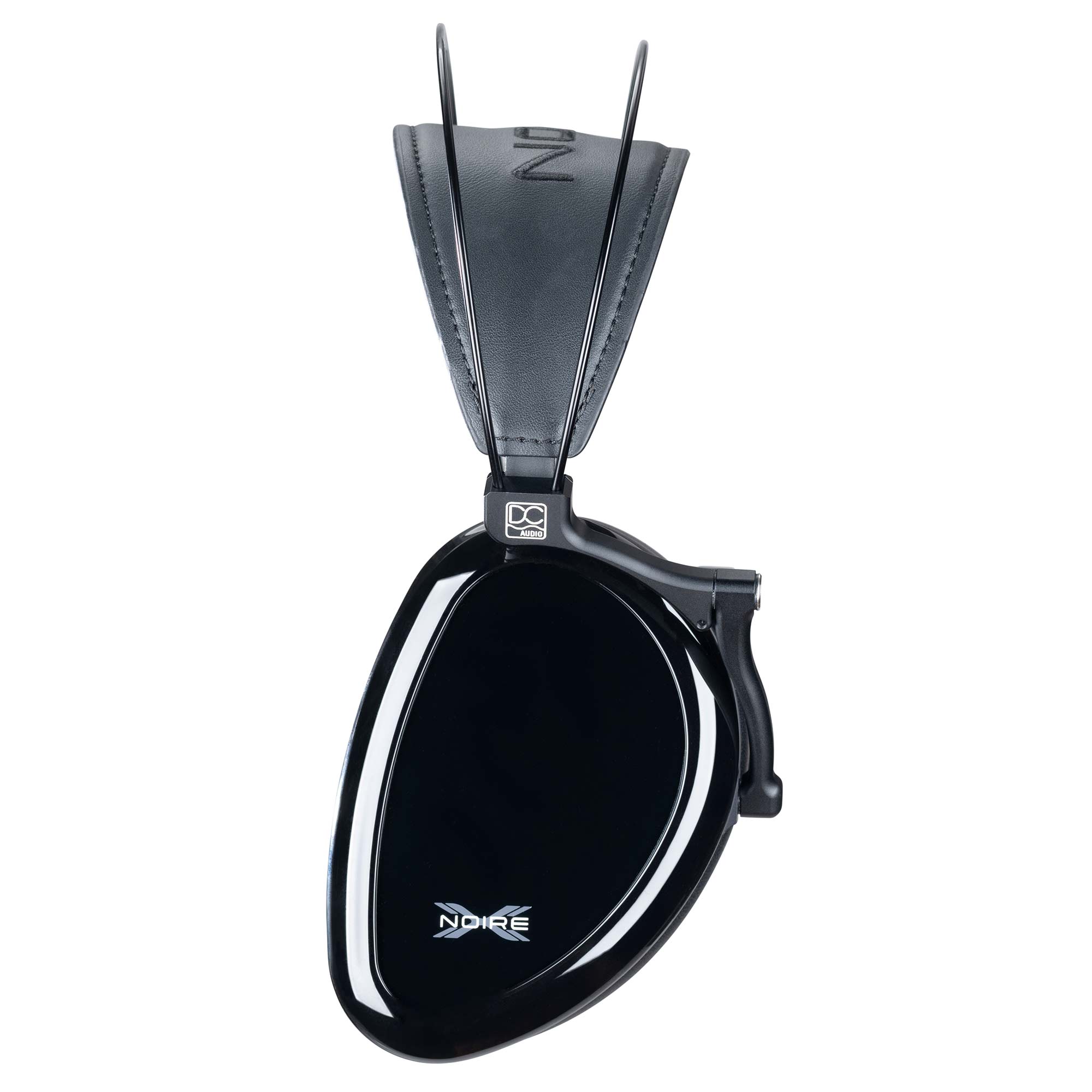 Close-up of the Dan Clark Audio Noire X Closed-Back Planar Headphones ear cup with black glossy finish and headband detail