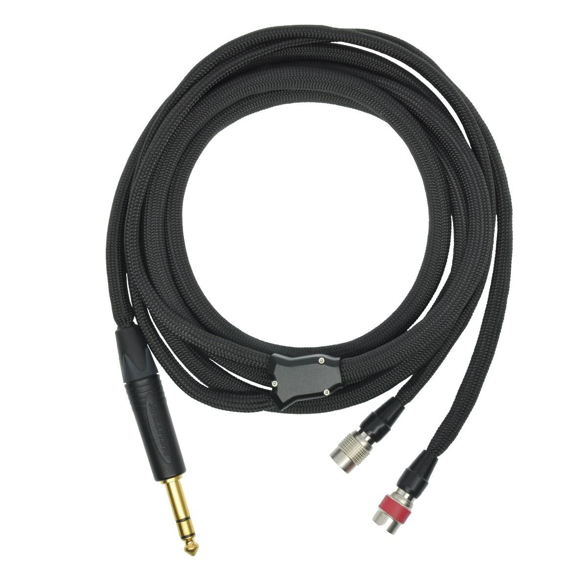 Dan Clark Audio VIVO Premium Headphone Cable with black braided sleeving and gold-plated 1/4 inch plug on white background