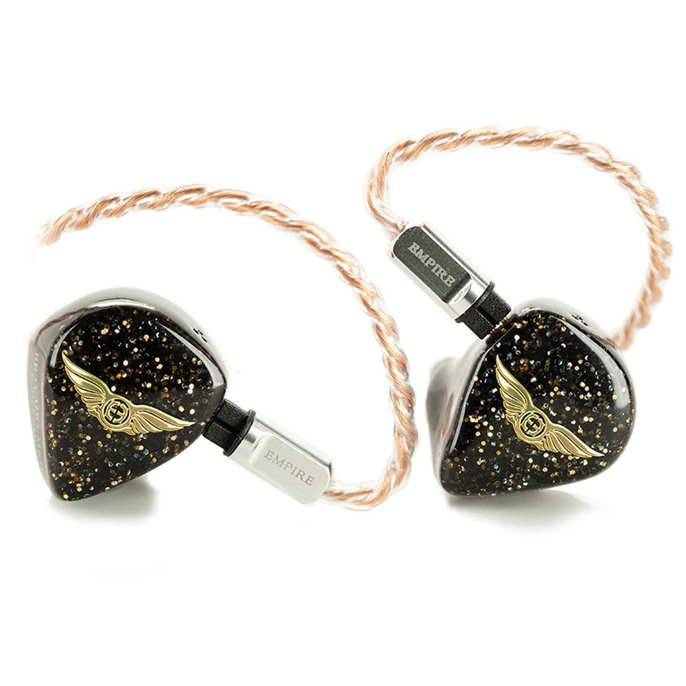 Empire Ears Bravado mkII in ear monitors with black and gold glitter finish and braided cable on white background