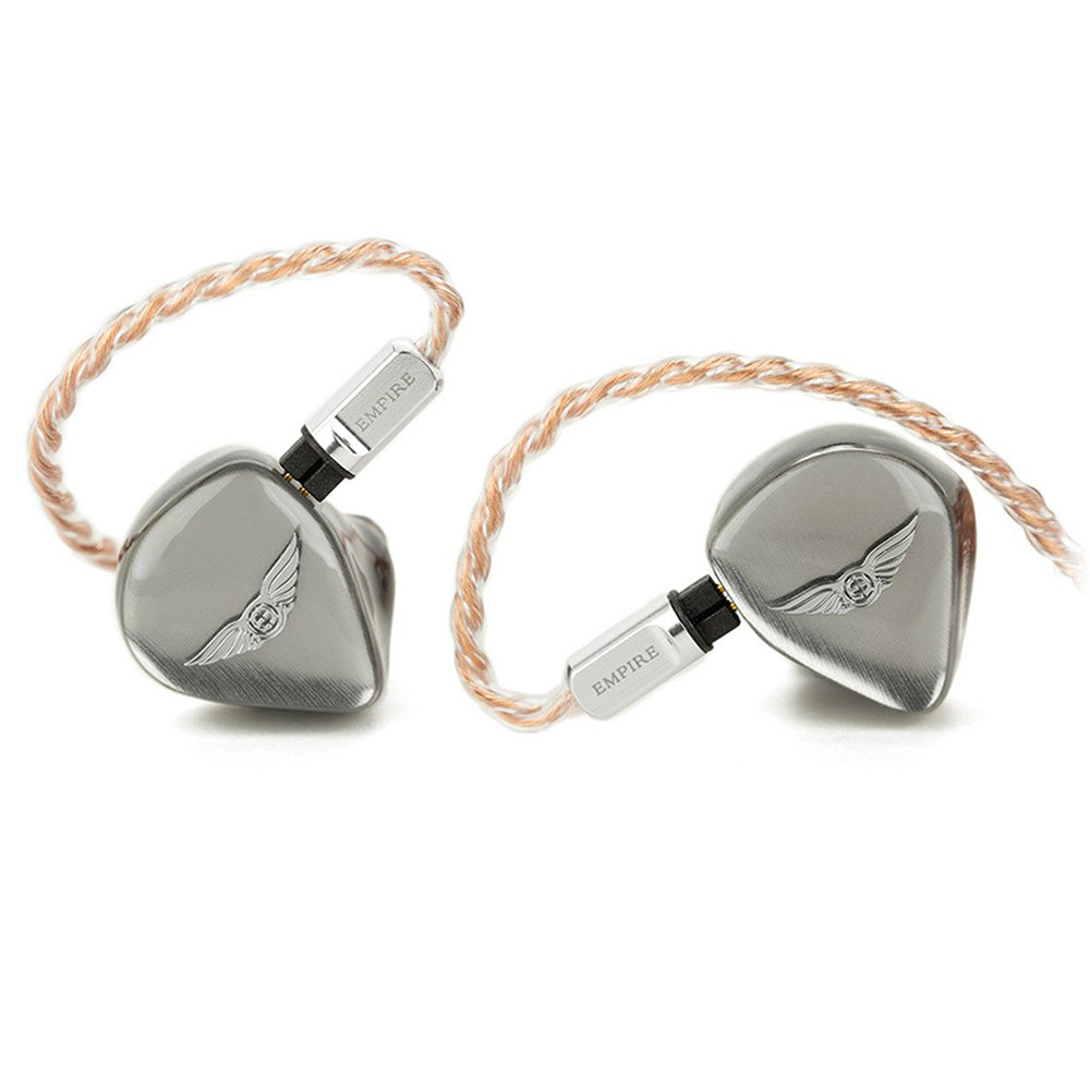 Empire Ears ESR mkII in ear monitors with metallic finish and braided cables on white background