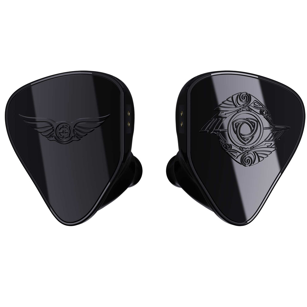 Empire Ears RAVEN Flagship In-Ear Monitor in glossy black with embossed wing and circular logo designs on each earpiece