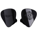 Empire Ears RAVEN Flagship In-Ear Monitor in glossy black with embossed wing and circular logo designs on each earpiece