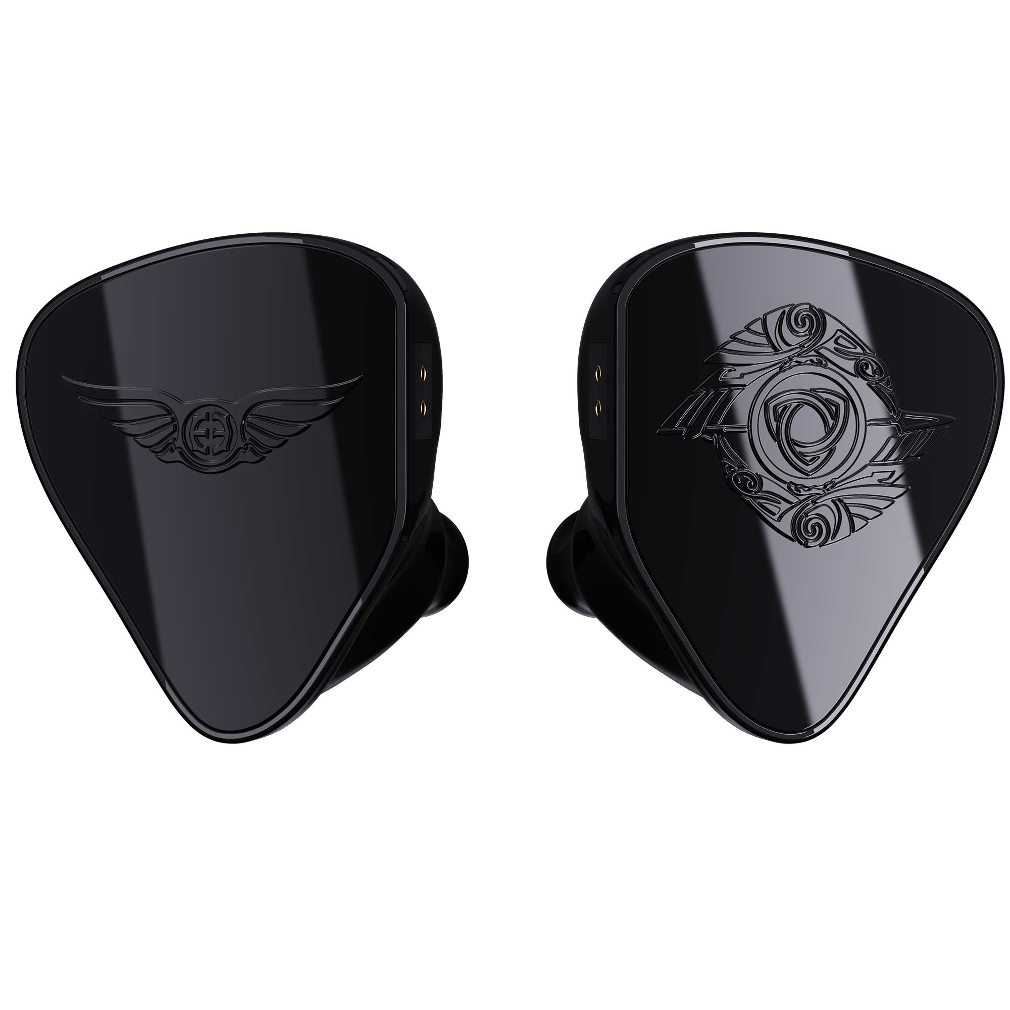 Empire Ears RAVEN Flagship In-Ear Monitor in glossy black with embossed wing and circular logo designs on each earpiece