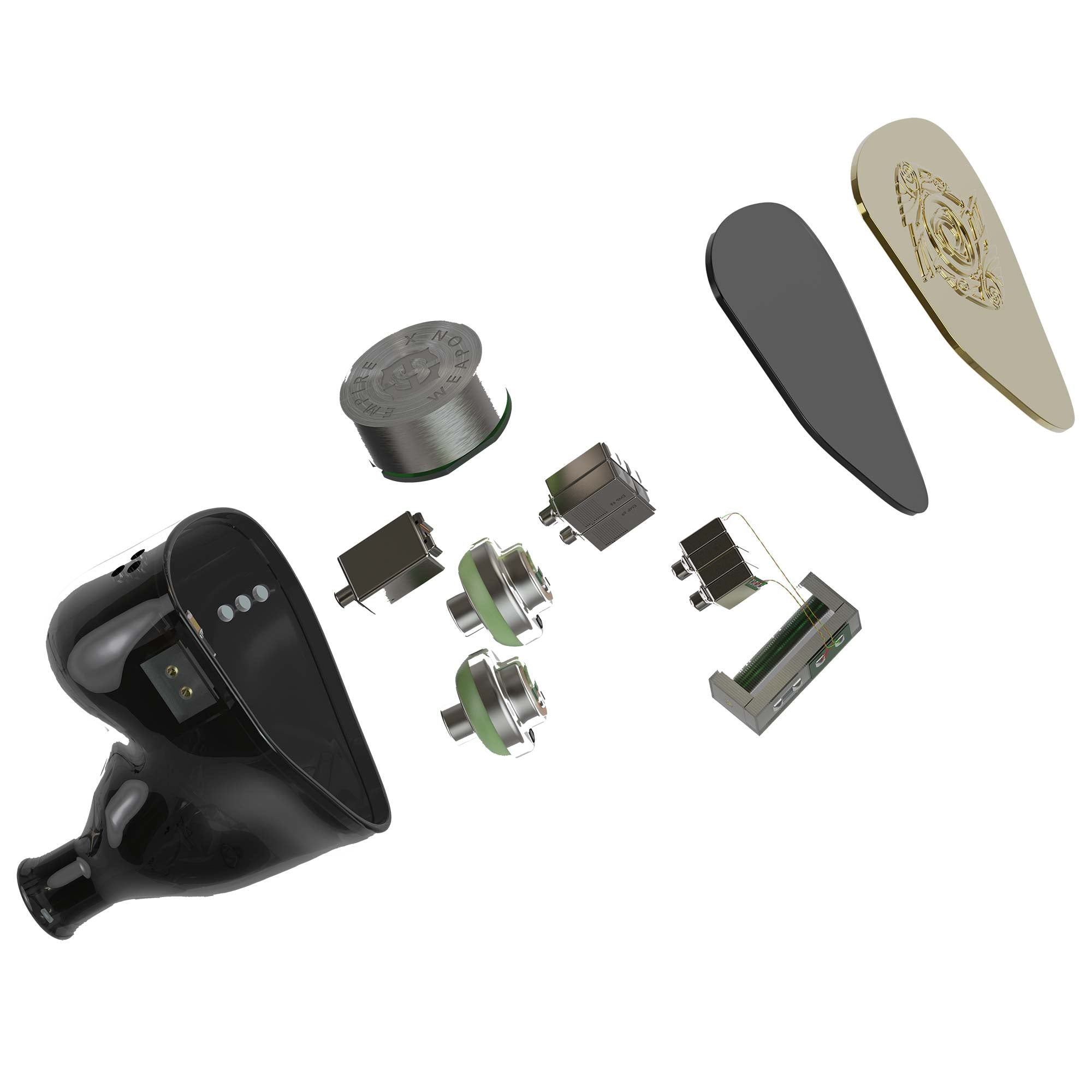 Exploded view showing internal components of the Empire Ears RAVEN Flagship In-Ear Monitor in black and gold parts
