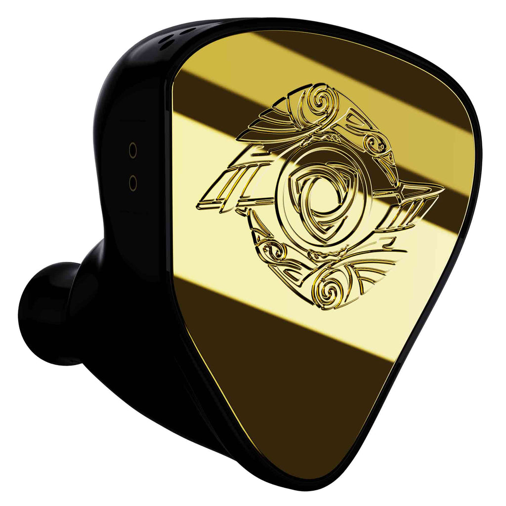 Close-up of Empire Ears RAVEN Flagship In-Ear Monitor with reflective gold faceplate and intricate design on white background