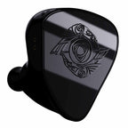 Close-up of the glossy black Empire Ears RAVEN Flagship In-Ear Monitor with intricate emblem on faceplate