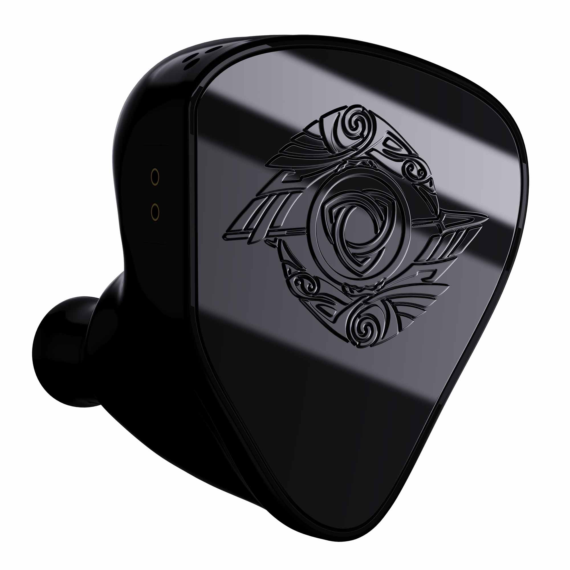 Close-up of the glossy black Empire Ears RAVEN Flagship In-Ear Monitor with intricate emblem on faceplate