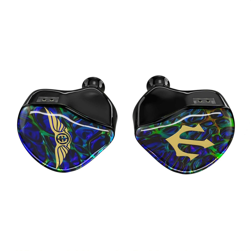 Empire Ears Triton Limited Launch Edition IEM in vibrant blue and green with gold emblem on glossy black shell
