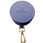 Round blue leather carrying case with gold clasp embossed with Empire logo for Empire Ears Triton Limited Launch Edition IEM