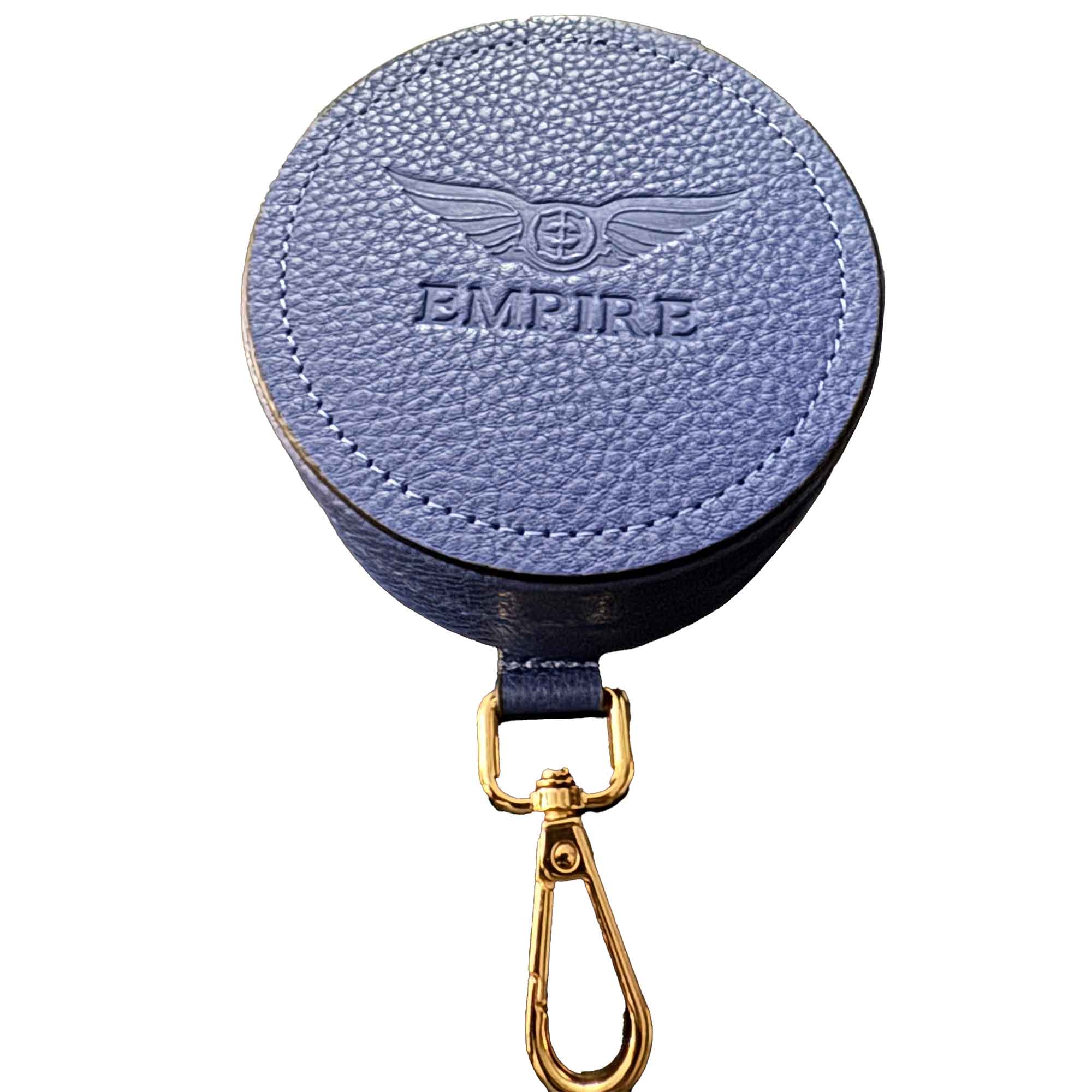 Round blue leather carrying case with gold clasp embossed with Empire logo for Empire Ears Triton Limited Launch Edition IEM