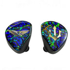 Empire Ears Triton Limited Launch Edition IEM with blue green marbled faceplates and gold emblem logos against white background