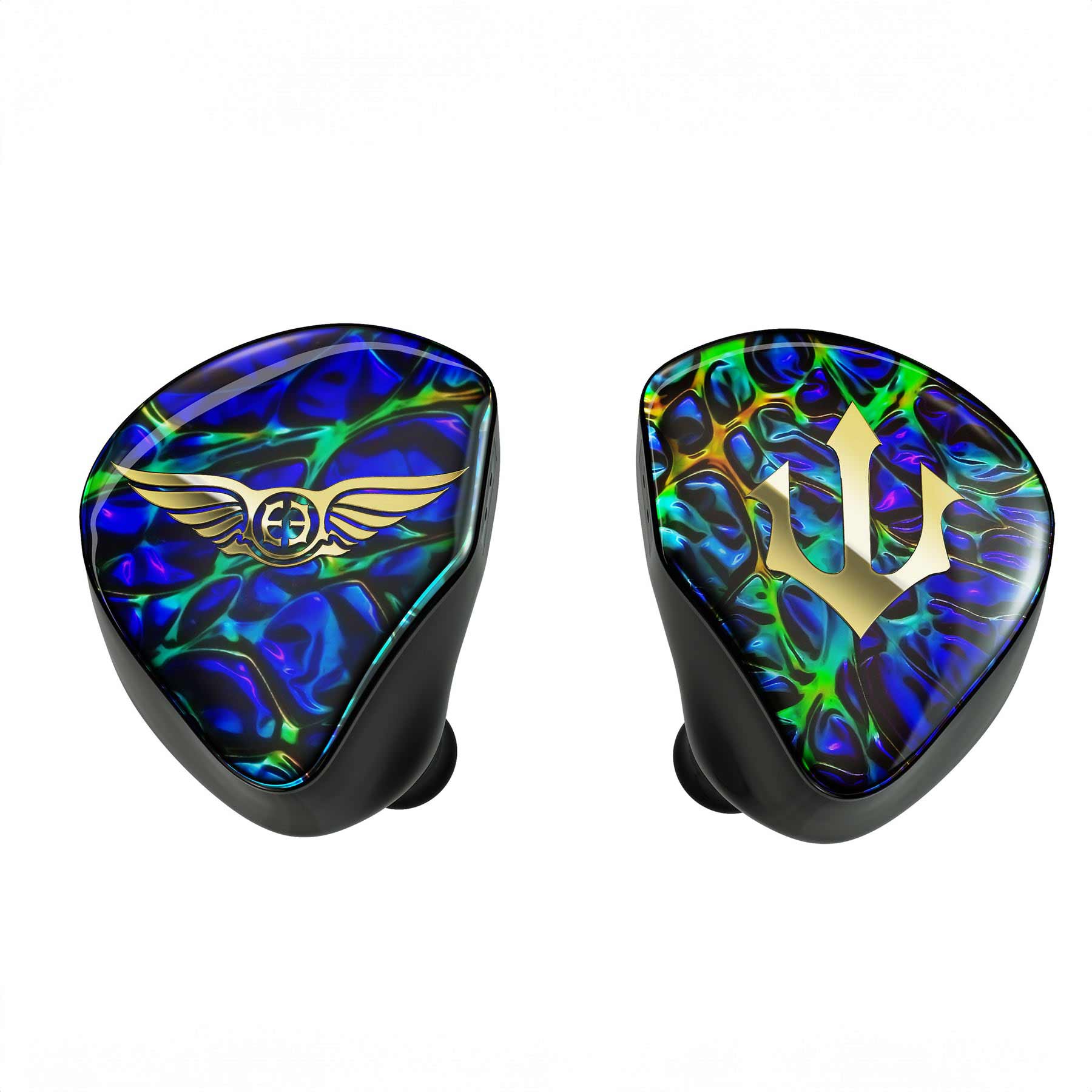 Empire Ears Triton Limited Launch Edition IEM with blue green marbled faceplates and gold emblem logos against white background