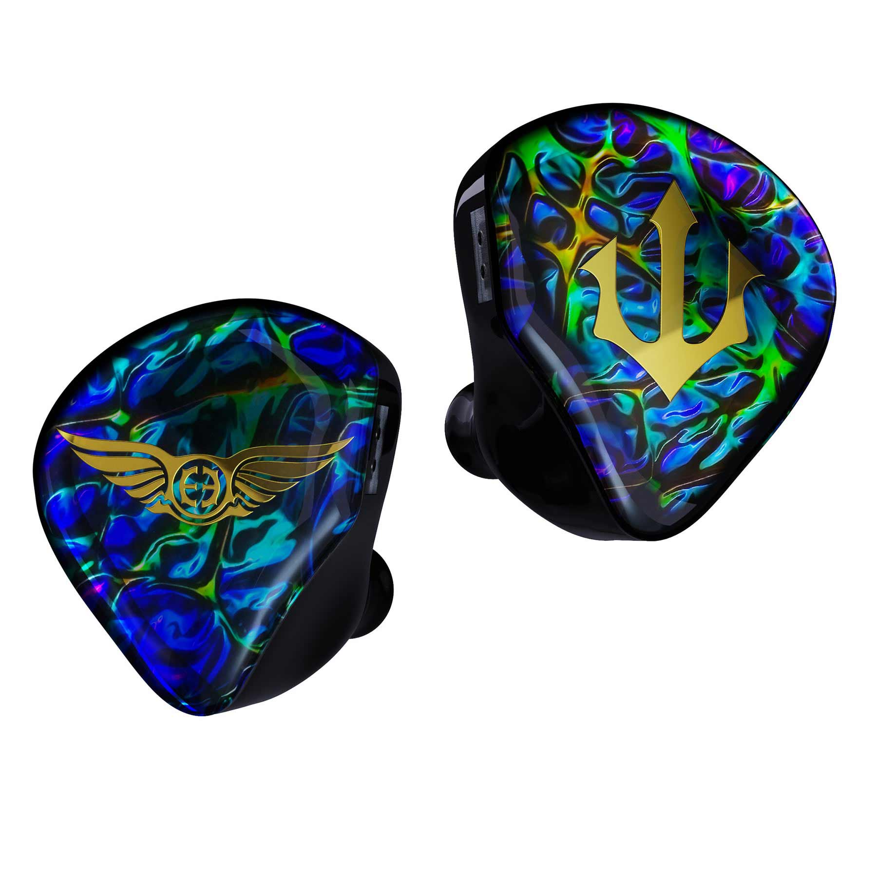 Empire Ears Triton Limited Launch Edition IEM with iridescent blue green shell and gold logos on black housing