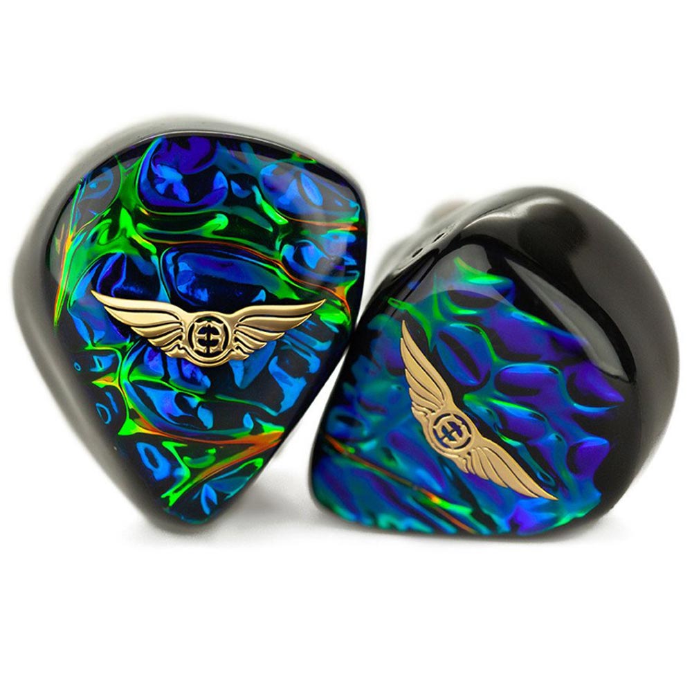 Close-up of Empire Ears Valkyrie mkII in ear monitors with iridescent blue green design and gold wing logo on white background