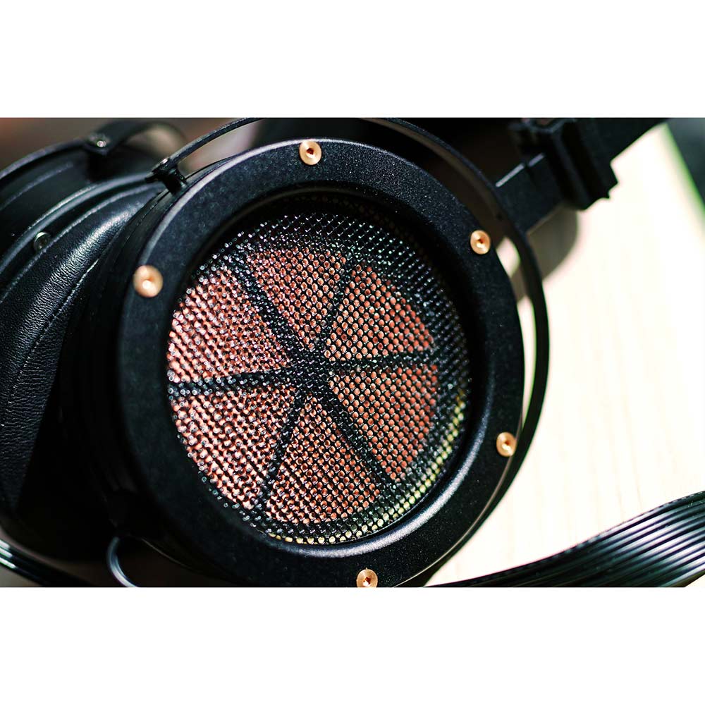 Close-up of the ear cup and mesh grille of ES Lab ES-1 alpha (ES-1𝛼) 90mm Open Back Electrostatic Headphone