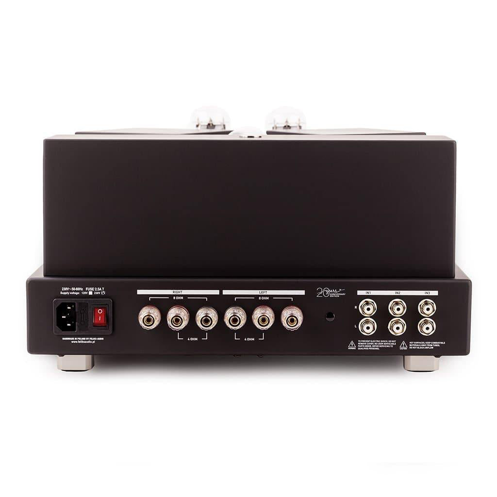 Rear view of Feliks Audio Arioso 300B Integrated Tube Amplifier showing input and output connectors on white background