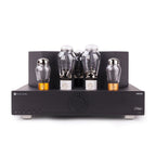 Front view of Feliks Audio Arioso 300B Integrated Tube Amplifier with four vacuum tubes and black chassis on white background