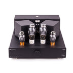 Front view of Feliks Audio Arioso 300B Integrated Tube Amplifier with vacuum tubes and black chassis on white background
